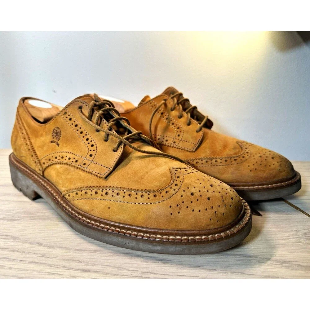 Vintage Tommy Hilfiger Crest Logo Tan Suede Wingtip Brogue Derby Shoes Men's 10